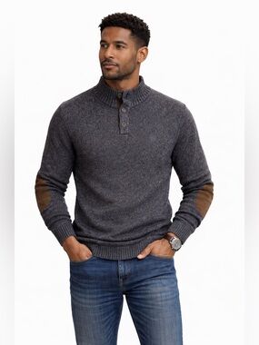 Chaps Men’s Gray Henley Sweater w/ Elbow Patches Preppy Pullover Size Medium